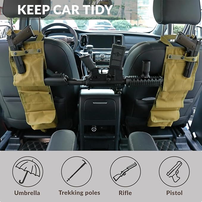 2PCS Automotive Gun Racks, Truck Front Seat Gun Organizer for Hunting Accessories, Gun Holder for Truck with Storage Pockets