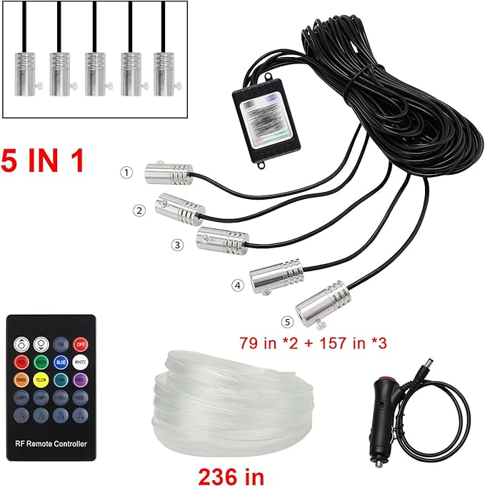 Car Led Strip Lights, 5 in 1 Interior Car Light, Ambient Led Lighting Kit with RGB 16 Million Colors&236 inches Fiber Optic, Neon Light Accessories for Car, Bluetooth APP and Remote Control