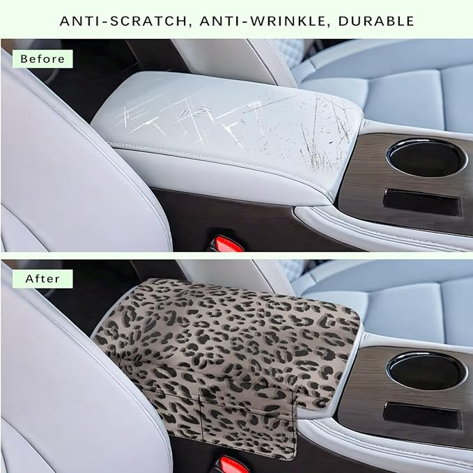 Car Armrest Storage Box Mat, Grey Leopard Car Center Console Cover, Vehicle Armrest Seat Box Cover Accessories Interior Protection for Most Vehicle, SUV, Truck, Car