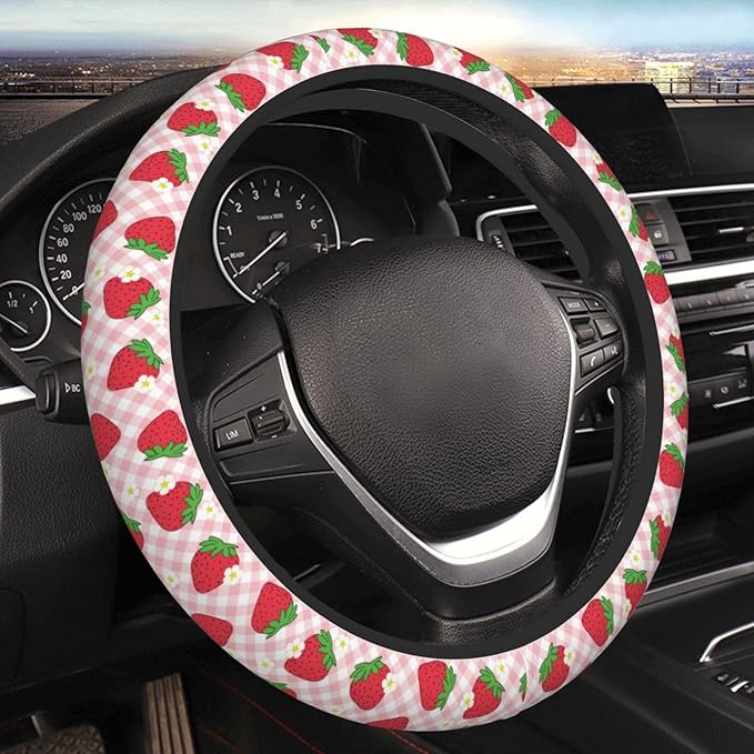 Pink Strawberry Steering Wheel Cover Women Men Floral Checked Elastic Stretch Soft Car Wheel Protector Universal Breathable No-Slip Car Accessories for Truck Van SUV Auto Fit 14-15 Inches