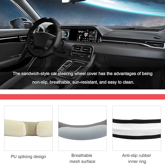 Car Steering Wheel Cover, 15" Breathable Ice Silk Auto Wheel Protector with Comfortable Grip, Anti-Slip Slip-on Steering Wheel Wrap Soft Hand Pad Cushion for Women Men (Black)