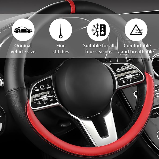 Car Steering Wheel Cover, 15 Inch Leather Anti-Slip Breathable Vehicle Steering Wheel Protector, Automotive Interior Protection Accessories, Universal for SUV Sedan Truck (Black/Red)