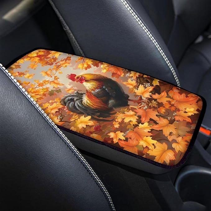 Suobstales Rooster Chicken Maple Leaves Print Car Armrest Pad Thanksgiving Decoration Soft Center Console Arm Rest Protector Cover Universal Car Interior Accessories Decoration
