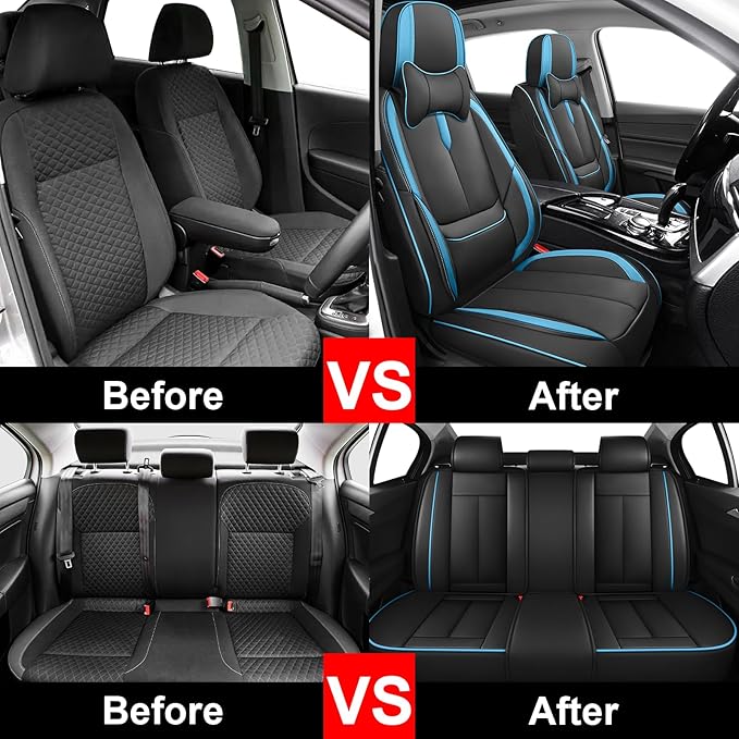 Fit for 98% of Mercedes Benz Car Seat Covers with Headrests, Premium Nappa Leather Seat Cover, Fully Wrapped Protect Modern Style Seat Cover (5-Seat Luxury, Black & Blue)