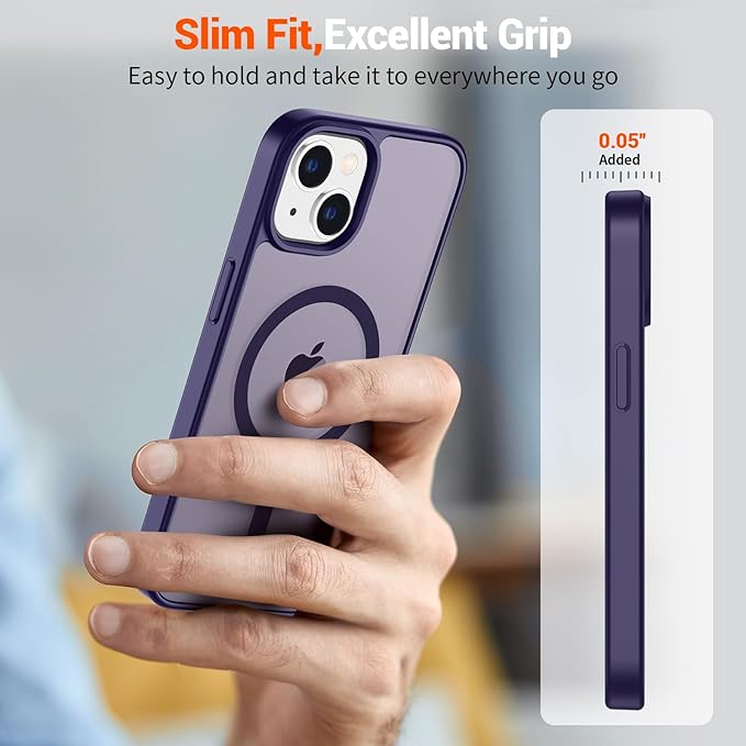 SUPFINE Magnetic for iPhone 14 Case & iPhone 13 Case (Compatible with MagSafe) (Military Grade Drop Protection) Slim Translucent Matte Shockproof Phone Cover,Dark Purple
