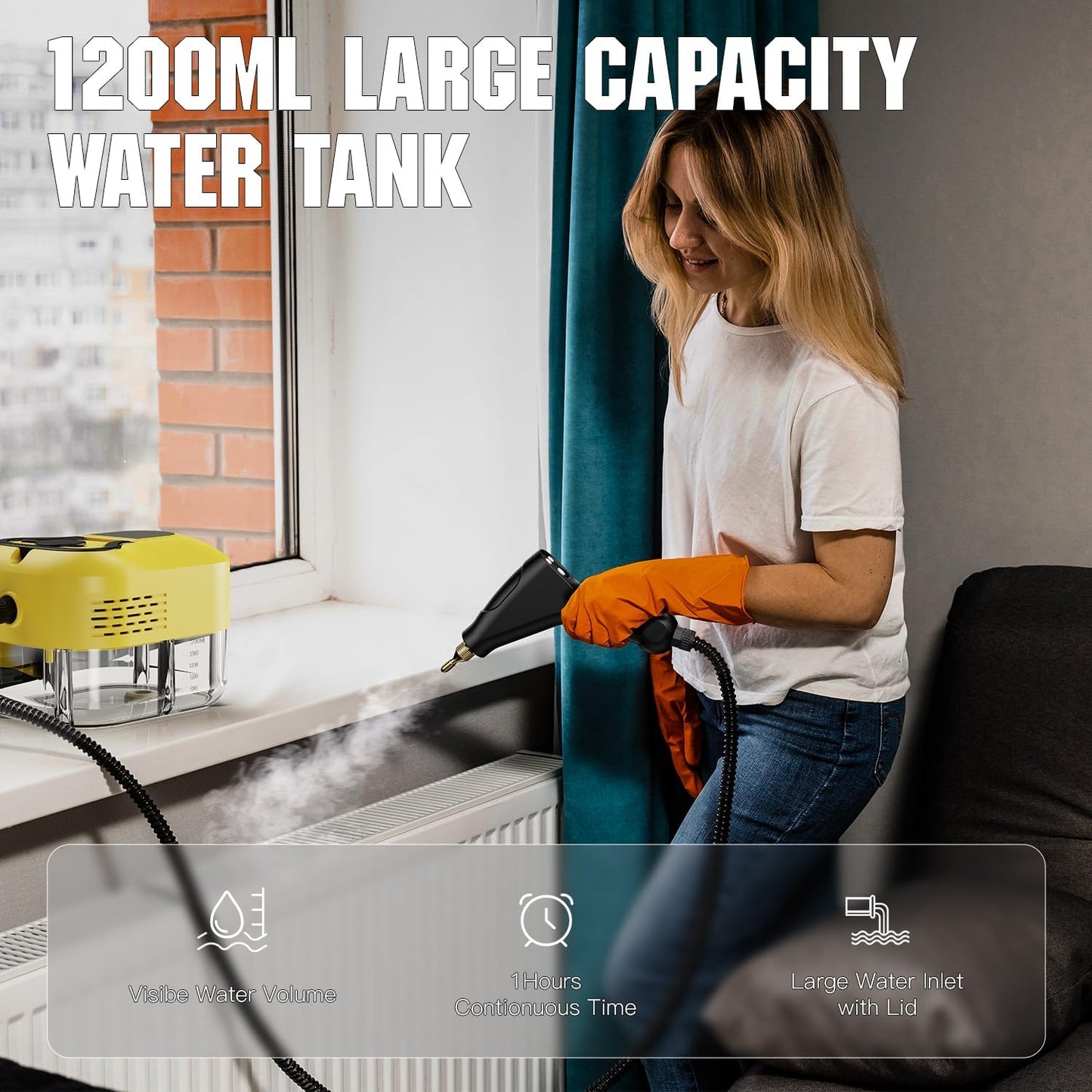 Handheld Steam Cleaner for Home＆Kitchen, 212°F High Temperature, 1200ML Tank, Portable Steam Cleaner for Car Carpet Detailing Window Floor Couch Grease Tile, Pressurized Steamer for Cleaning