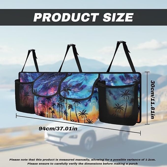 Sunset Palm Tree Car Backseat Hanging Trunk Organizer for SUV Car Storage Bag with 4 Pockets Multipurpose Adjustable Auto Interior Accessories