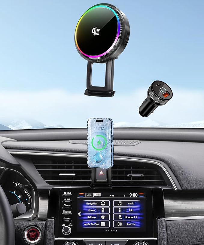 Qi2.2 25W Magnetic Car Mount Charger for 2016-2021 Honda Civic Accessories, for Fast Charging Cell Phone Holder Fixed Clip with Cooling Fan＆54W Fast Adapter