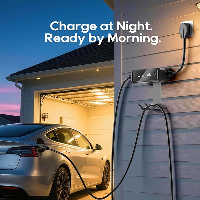 Level 2 EV Charger for Tesla (NACS Connector), 40A 240V NEMA 14-50 Plug, 25FT Cable Portable EV Charger for Home/Outdoor, Adjustable 16-40A with LCD Display, ETL Certified Fast Charging