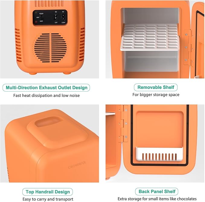 CROWNFUL Mini Fridge, 4 Liter/6 Can Portable Cooler and Warmer Personal Refrigerator for Skin Care, Cosmetics, Beverage, Food,Great for Bedroom, Office, Car, Dorm(Orange)