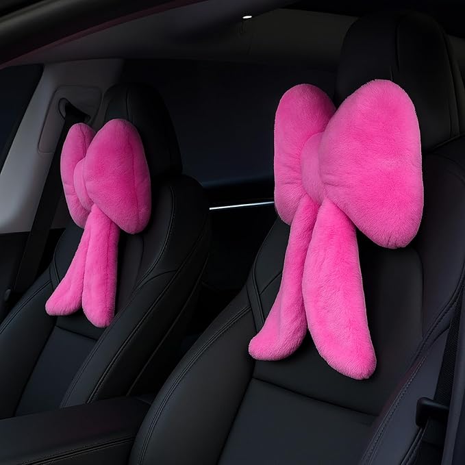 Macarrie 2 Pcs Car Neck Pillow Plush Butterfly Bow Car Headrest Pillow Comfortable Seat Neck Support Cute Head Rest Accessories for Driving Travel Driver Chair Girl Style Interior Decor (Rose Red)