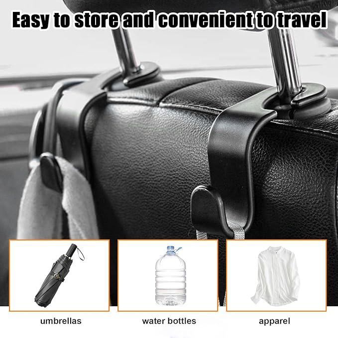 Ziciner 4 PCS Car Seat Headrest Hooks, Backseat Hangers Storage Organizer, Universal Car Accessories for Purse Grocery Bags Coats (Black)