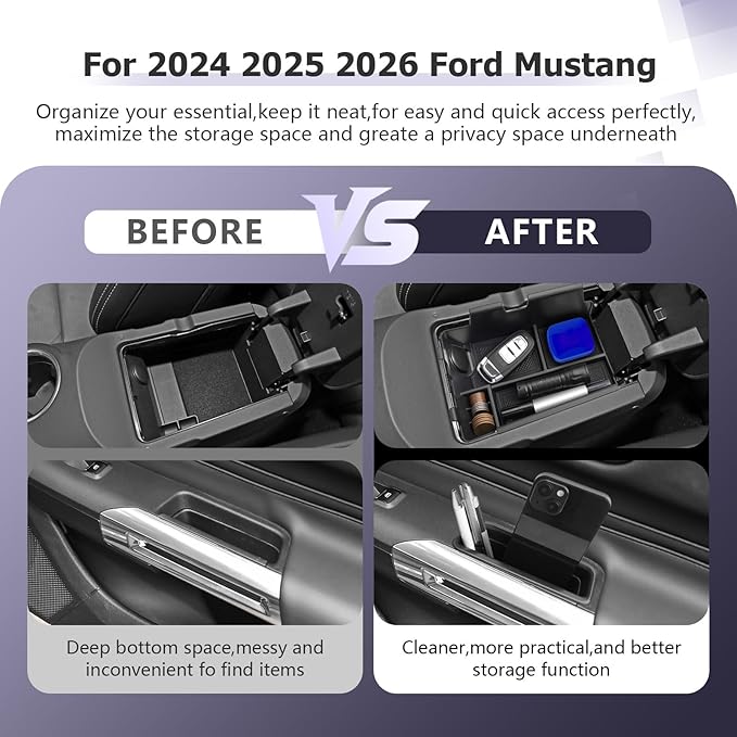 LUWU 3PCS 2025 2026 Mustang Center Console Organizer Compatible with Ford Mustang 2024 2025 2026 Accessories Armrest Console Storage Box Insert Tray Door Side Tray ABS Material Coin Container Black