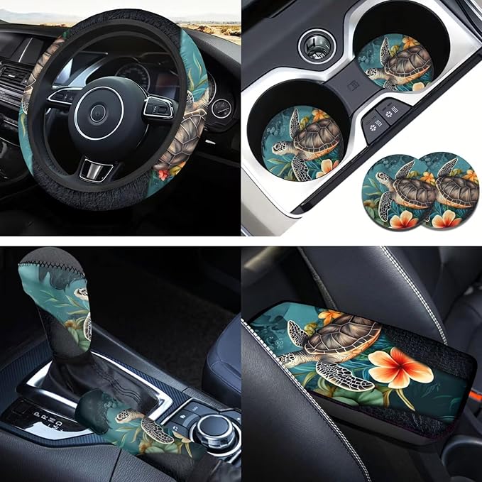 Blue Sea Turtle 6pcs Car Steering Wheel Cover Set for Men Women Auto Interior Accessories Cup Holder Armrest Pad Seatbelt Cushion Fit for SUV Truck Vans