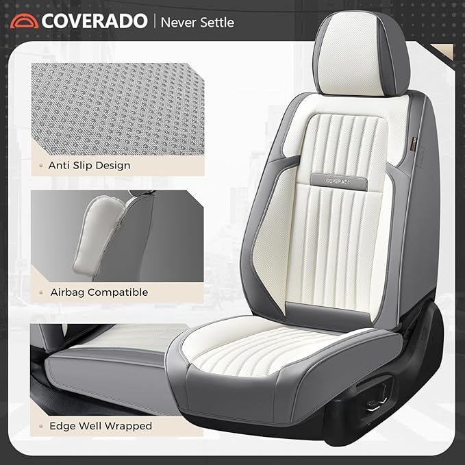 Coverado Car Seat Covers Full Set, Seat Covers for Cars, Car Seat Cover, Car Seat Protector, Leather Car Seat Cushion, Waterproof Car Seat Covers Front Seats and Back Fit for Most Cars(Gray&White)