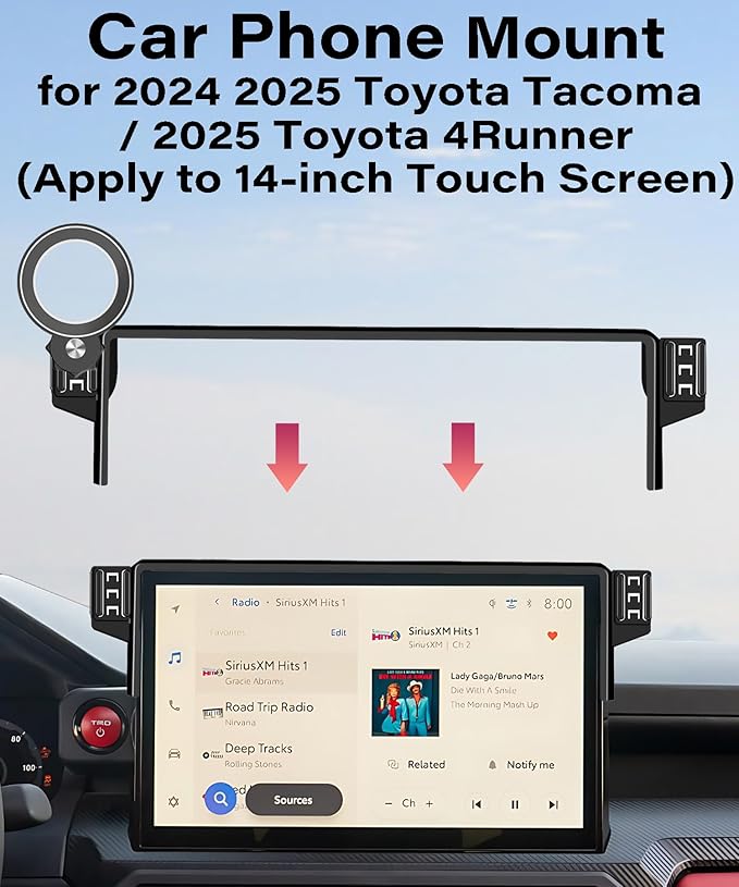 Car Phone Holder for Toyota Tacoma 2024 2025 / Toyota 4Runner 2025 Accessories Apply to 14 Inch Touch Screen Fixed Clip Magnetic Cell Phone Mount Hands-Free 360 Degree Rotation