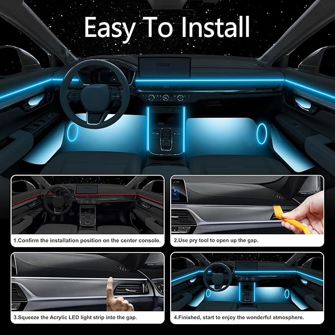 LED Car Interior Ambient Light, Controlled By APP, Suitable for Central Console RGB Ambient Light Strip 118.11 Inch Fiber Optic, USB Interface, Plug and Play, Can Synchronize Music