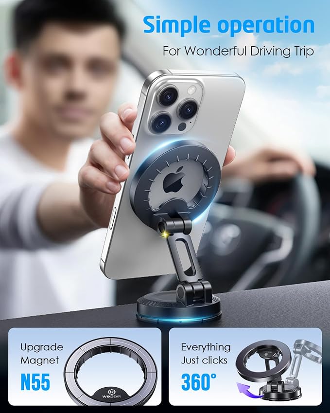 WixGear Stick-On Foldable Magnetic Car Mount Dashboard Phone Holder, Strong Magnet Mount for MagSafe iPhone & All Smartphones, 3M VHB Adhesive Dashboard Mount, 360° Adjustable Compact Design