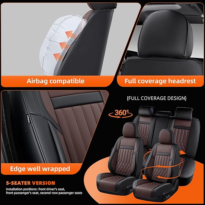 Universal 5-Seater Waterproof Breathable Nappa Leather Car Seat Covers Full Set, Compatible with Hyundai Tucson Sonata, Jeep Renegade, Honda HR-V, Fit Front Rear Seats Most Sedans SUV Black Brown