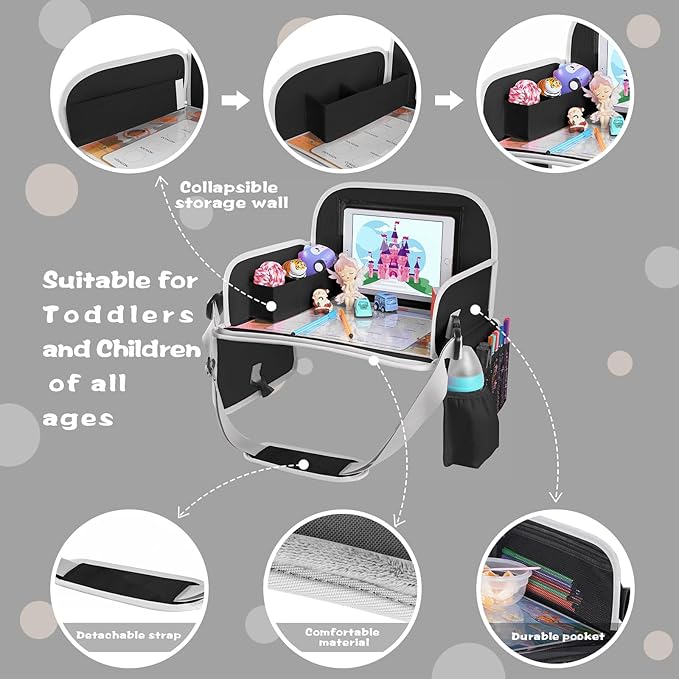 MENZOKE Kids Travel Tray for Toddler Car Seat, Toddler Gift for Boy Activities with Dry Erase Board & iPad Holder Stand, Road Trip Essentials Accessories Lap Tray for Boy as Birthday Gift, Black