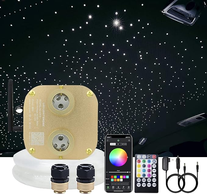 AKEPO Fiber Optic Light Kit 20W RGBW Twinkle+APP+Sound Activated Dual-Head Fiber Optic Star Ceiling Light Total 620pcs of 9.8ft/3m Mixed Fiber Optic Strands for Car Headliner Star/Media Room