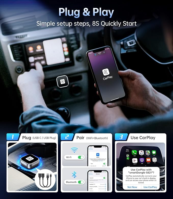 YUHUO Wireless Carplay Adapter, Wired CarPlay to Wireless,Mini USB Design for Car Play&Android Auto, 2025 Upgrade Easy Use Fast Stable Connection for iPhone (Gray)