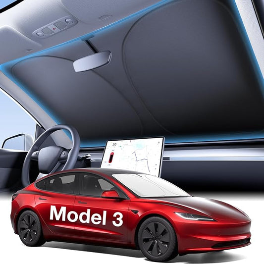 Wigoo 2026 Upgraded Accessories Tesla Model 3 Windshield Sunshade [OEM Design, 100% Sun Blockage] Foldable Heat Insulation Sun Shade with Storage Bag, for Tesla Model 3 2016~2026, Silver Coating