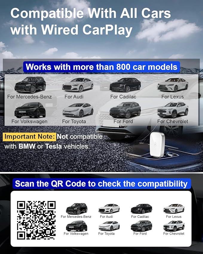 Wireless CarPlay Adapter for Apple iPhone, Convert Wired CarPlay to Wireless, Mini Size with USB-A to USB-C Adapter, Stable Control & No Delay Latency, White
