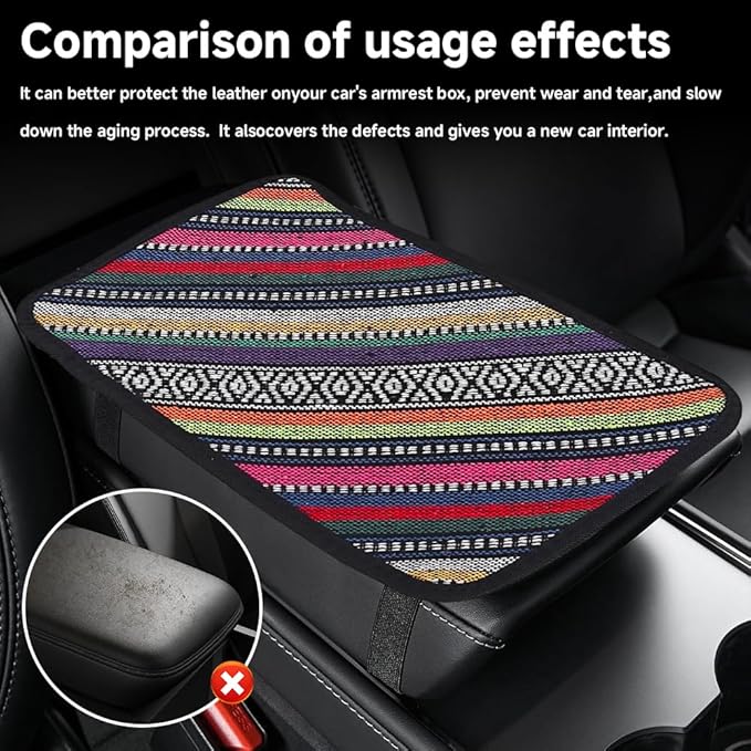Bohemian Universal Armrest Cover Pad, Car Center Console Cushion, Boho Ethnic Style Auto Armrest Decorative Pad with Elastic Straps, Car Arm Rest Cover Protector for Vehicles (Armrest Cover-D)