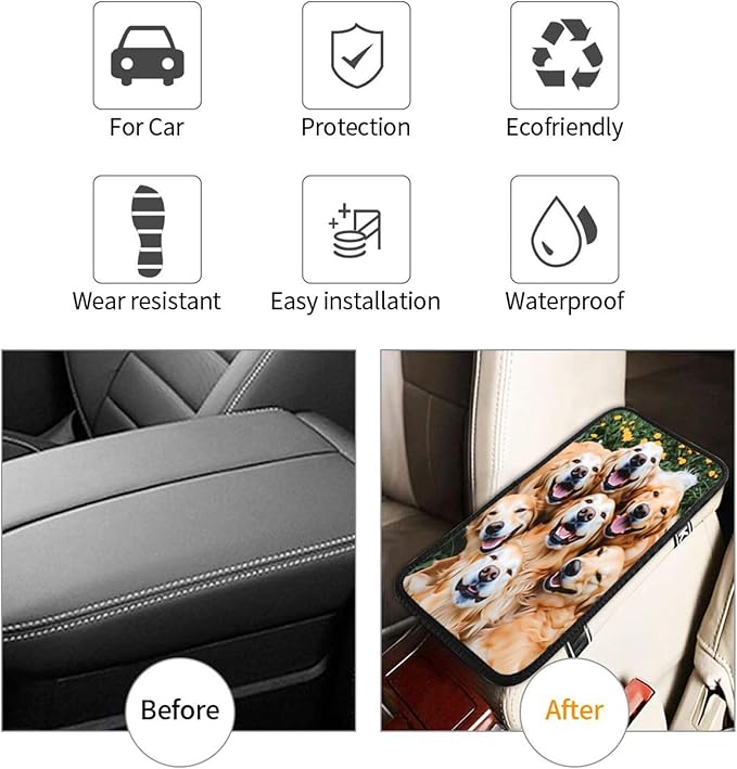 Happy Golden Retriever Dogs Car Handrail Box Cushion Armrest Cover Auto Center Console Pad Car Decor 12.6X7.5 in