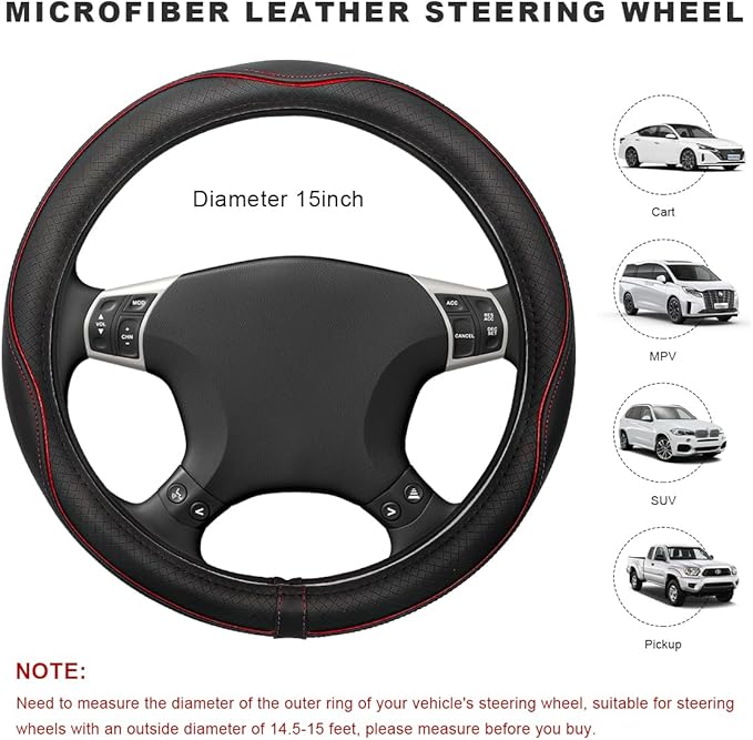Car Steering Wheel Cover, 15 Inch Anti-Slip Breathable Leather Auto Steering Wheel Protector, Full Surround Soft Steering Wheel Cover for Men Women, Car Interior Accessories (Black & Red)