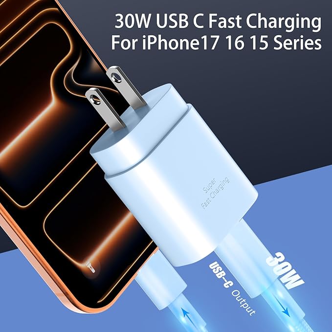 Phone 16 15 Charger Fast Charging,30W Type C Chargers USB C Charge Block with 2 Pack 10FT USB C Cable Nylon Braided for Phones 16/16 Plus/16 Pro/16 Pro Max/Phone 15/15 Pro Max/Pad Pro/AirPods,Blue