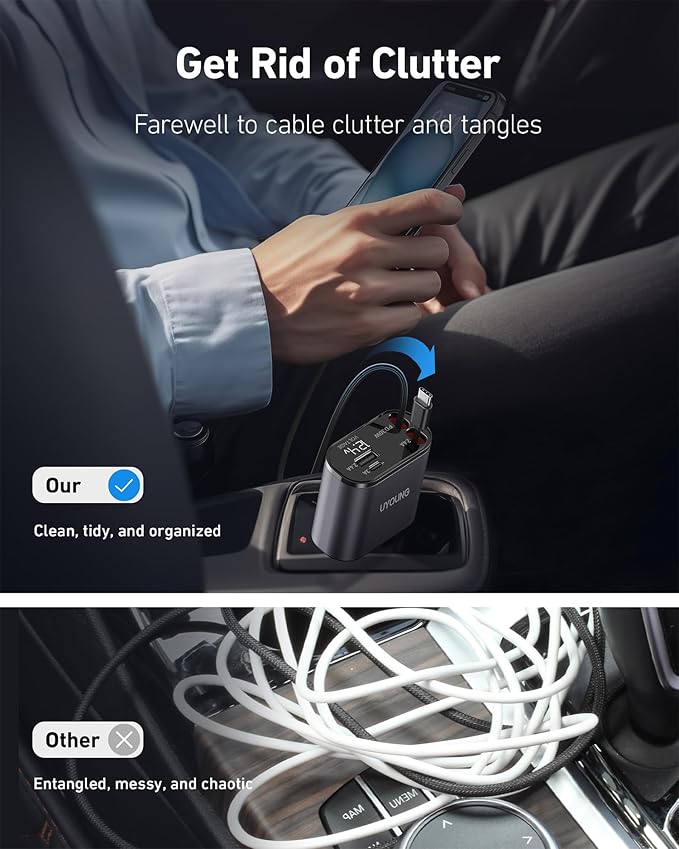 Car Phone Charger Retractable Car Charger 4 in 1 Fast Charger 30W Double USB Type C Retractable Cables 31.5 Inch and 2 USB Ports Car Charger Adapter for iPhone 17/16/15/14/13/12,Samsung,Pixel,iPad