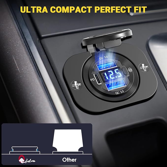 Qidoe 12 Volt USB Outlet 12V Outlet USB Car Port Aluminum 30W PPS PD 3.0 Motorcycle Car Charger Waterproof Dual QC3.0 Socket with Switch 12V/ 24V Vehicle Marine Boat RV Accessories