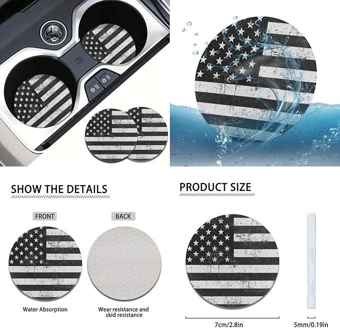 FKELYI Black American Flag Car Seat Covers - Full Set with Front, Back, Headrest, Cup Holder, Gear Shift, Handbrake, Steering Wheel Covers