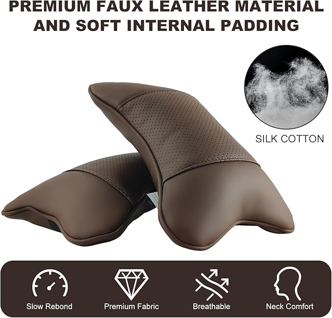 2 Pack Car Neck Pillow PU Leather Automotive Headrest Pillow for Car Support Neck Pain Relief Universal Car Pillow (Brown)
