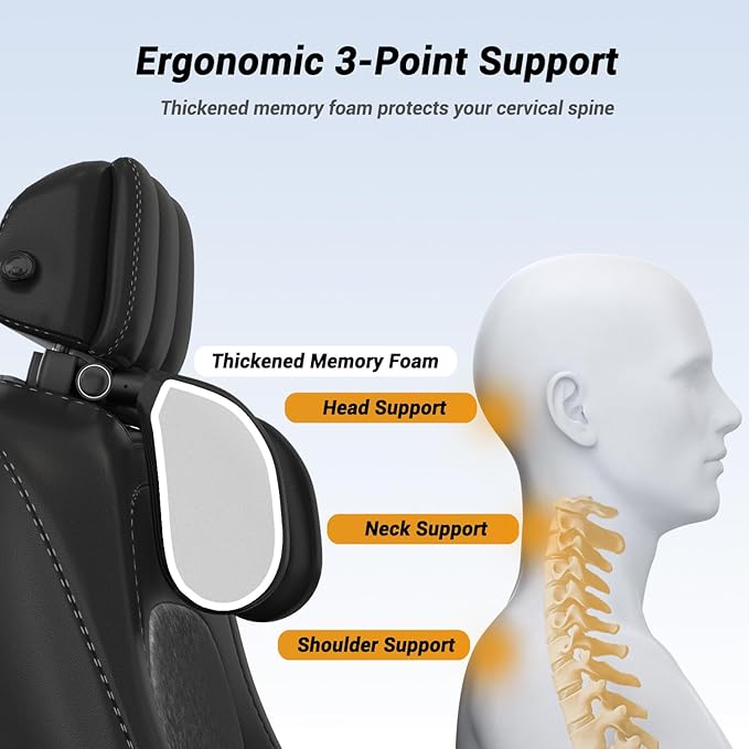 Car Headrest Pillow, Thickened Memory Foam Road Pal Headrest, Neck Support Pillow, 180° Adjustable Car Headrest, U- Shaped Design, Travel Car Sleeping,Suitable for Kids and Adults (Black)