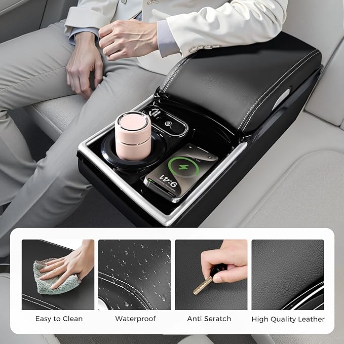 Coverado Center Console, Universal Bench Seat Center Console with Wireless Charging & Cup Holder & 7 Light Modes, Truck Back Seat Car Organizer, Rear Central Car Armrest Box with Storage, Black