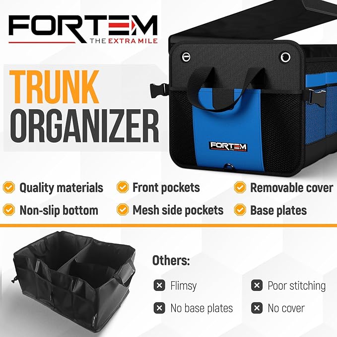 FORTEM Trunk Organizer For SUV Car Organizer and Storage, Collapsible Multi-Compartment Storage Bag Car Accessories for Women Men, 1680D Oxford, Non Slip Bottom, Adjustable Straps, Soft Cover (65L)