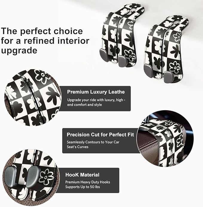 CoBak Purse Hook for Car - Universal Premium Stitched Leather and Aluminum-Magnesium Alloy Double Car Seat Back Storage Hook for Purses, Handbags, Bags (2 Pack),Chess Flower