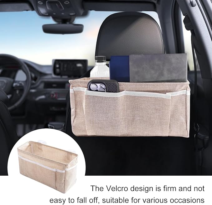 Car Seat Back Organizer, Linen Hanging Self-Adhesive Vehicle Backseat Storage Bag with Multiple Pockets, Auto Caddy for Book Water Bottle Holder, Universal for SUV, Truck, Van (Beige)