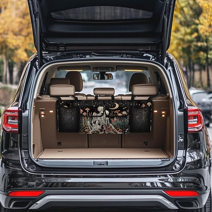 Skull Mushroom Car Trunk Organizer with 4 Pockets, Hanging Car Backseat Storage Bag with 3 Adjustable Straps, Car Interior Accessories for SUV, Truck, MPV, Van