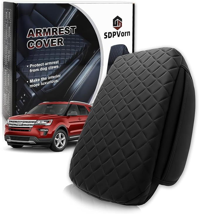 Center Console Cover for Ford Explorer Arm Rest Lid, Diamond Quilted Armrest Pad with 1-Inch Comfort Lift (2011-2019)
