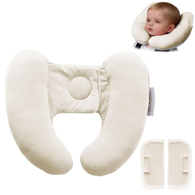 Baby Neck Pillow for Car Seat and Stroller, Adjustable Baby Head Support Pillow for Travel, Soft and Cushiony Torticollis Pillows for Infant and Newborn (Beige)