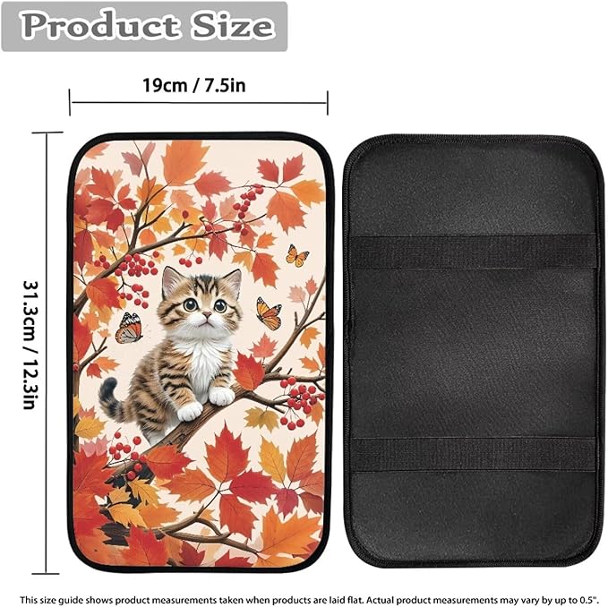 Maple Leaves Cat Soft Armrest Seat Box Cover Car Armrest Cushion Car Decor Protective Car Accessories Universal Fit for Most Cars, Vehicles, SUVs