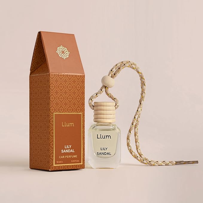 Llum Lily Sandal Hanging Car Air Freshener – Luxury Automotive Perfume Diffuser 10ml (0.34 fl oz), Long-Lasting Fragrance, Alcohol-Free Non-Toxic Car Scent, Glass Bottle With Wood Cap & AC Vent Clip