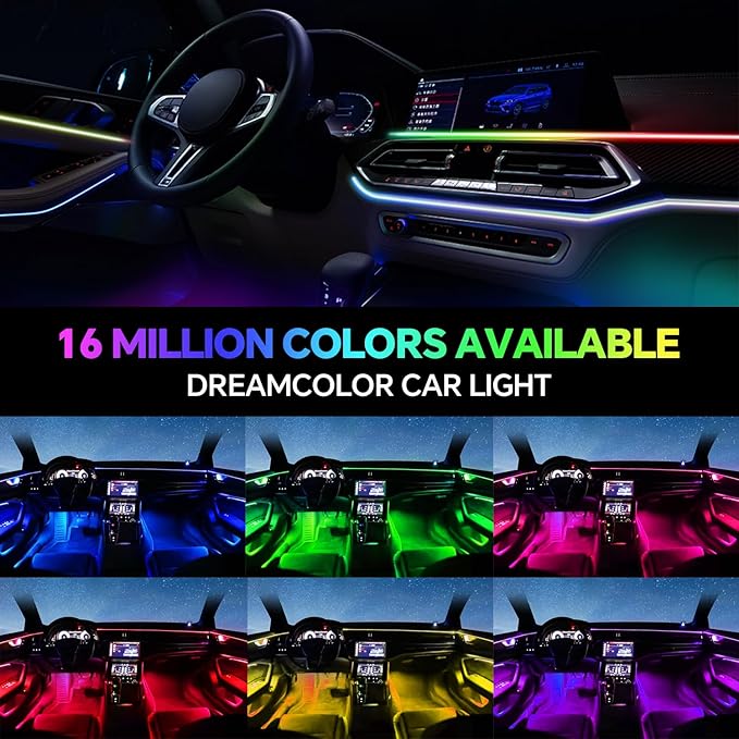 Dream Color Acrylic Interior Car Ambient Light Kit, Bphuny 22 in 1 593 LEDs Fiber Optic Multiple Modes Decoration Atmosphere Lights with Music Dynamic Rainbow Rhythm, RGB Neon Lights for All Cars