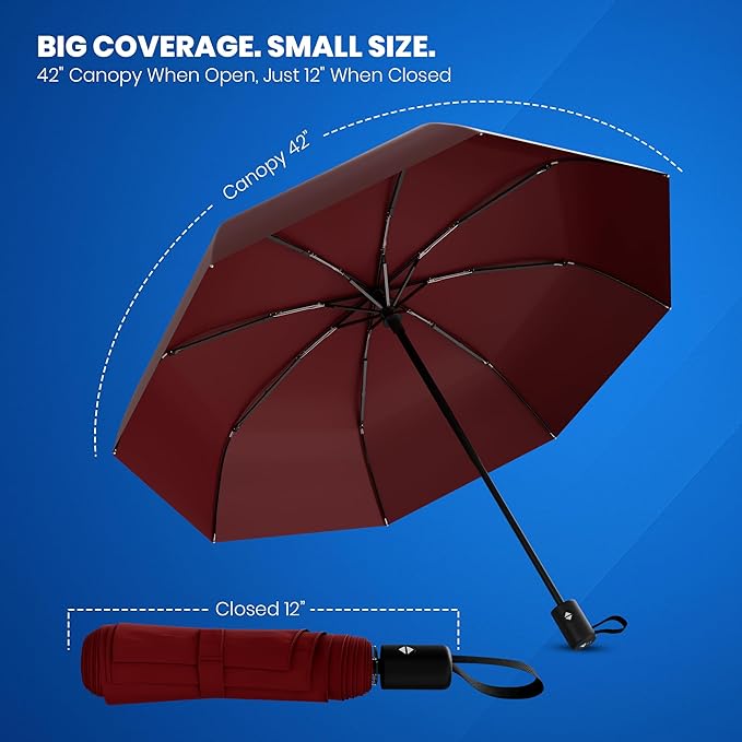 Rain-Mate Windproof Compact Umbrellas for Rain - Strong Reinforced Fiberglass Rib Design & Auto Open & Close - Portable Folding Travel Umbrella - Lightweight & Packable for Women & Men, Easy Collapse