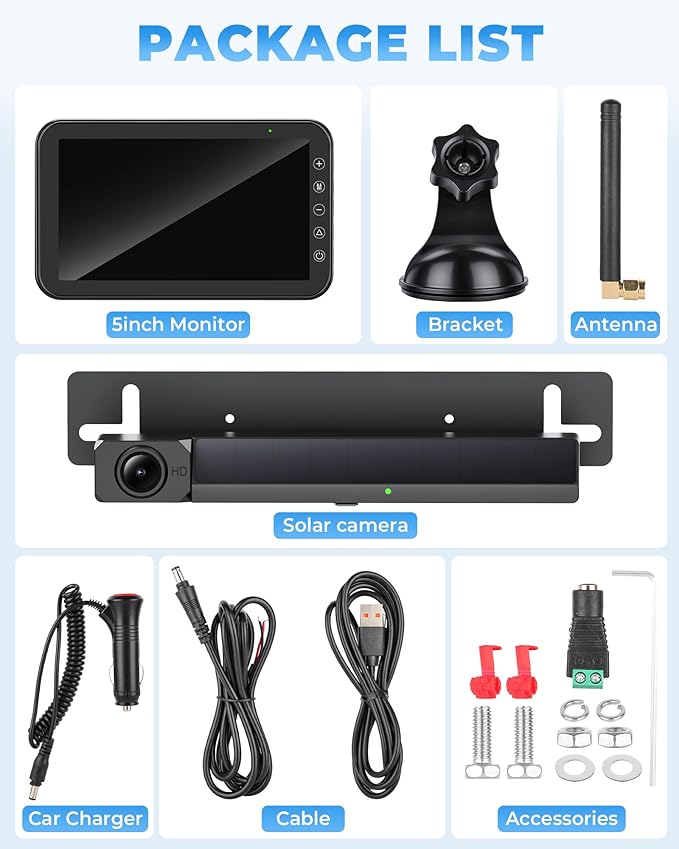 Solar Wireless Backup Camera, 5" 1080P DVR Monitor, 2-Min No-Wiring Installation Back Up Camera, 4800mAh Battery, Stable Signal, IP69K Waterproof Reverse Camera for Car, SUV, Pickup, Truck, Trailer