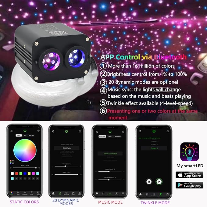 Dual Color Twinkle Starlight Headliner Kit 1100 Piece Starry Night Star Lights Ceiling 2 Color RGBW Bluetooth App Control Music Mode Fiber Optic Lights for Car 13.1ft/4m